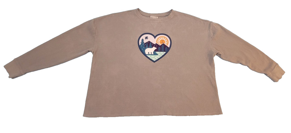 Life Is Good Women's XXL Gray Waffle Knit Bear Graphic Long Sleeve Thermal Shirt